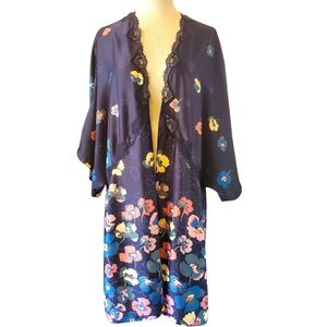 🔥VICTORIA'S SECRET Dream Angels Navy Blue Floral Satin Lacey Open‎ Front Robe